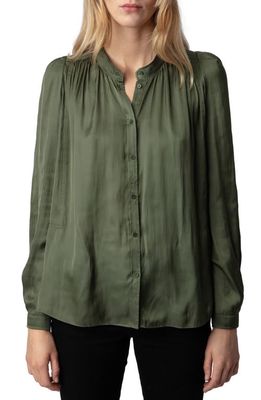 Zadig & Voltaire Tchin Band Collar Satin Blouse in Used Kaki