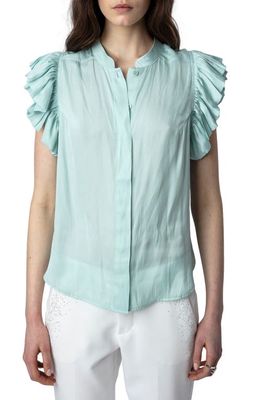 Zadig & Voltaire Tiza Ruffle Satin Button-Up Blouse in Celadon
