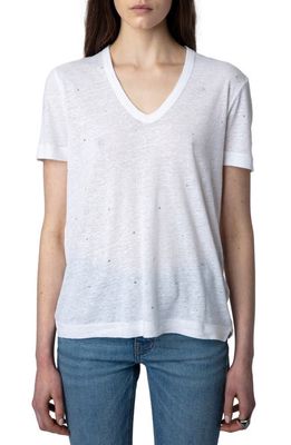 Zadig & Voltaire Wassa Rhinestone Linen Blend T-Shirt in Blanc