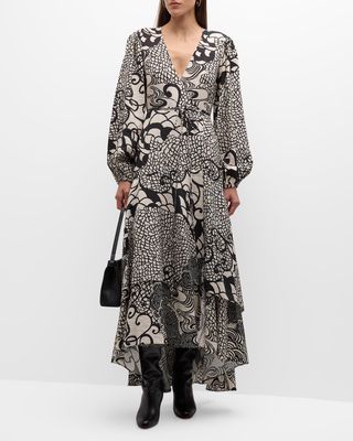 Zarela Blouson-Sleeve Maxi Wrap Dress
