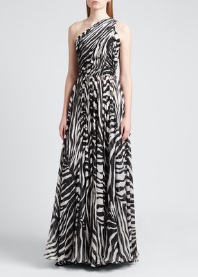 Zebra-Print One-Shoulder Silk Chiffon Gown