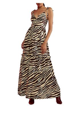 Zebra Tie-Shoudler Silk Maxi Dress