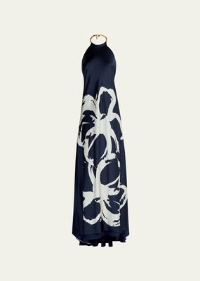 Zeffa Floral-Print Backless Silk Maxi Dress
