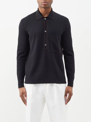 Zegna - Contrast-stitch Wool-blend Polo Shirt - Mens - Black
