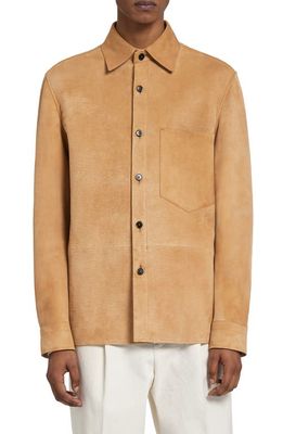 ZEGNA Men's Suede Button-Up Shirt in Camel