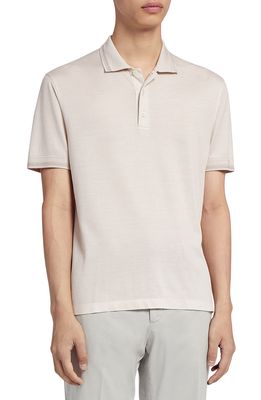 ZEGNA Short Sleeve Silk & Cotton Polo in Light Beige Solid