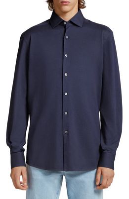 ZEGNA Stretch Cotton Jersey Button-Up Shirt in Navy