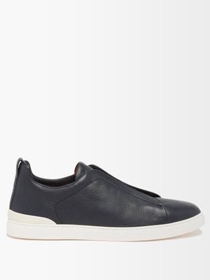 Zegna - Triple Stitch Grained-leather Trainers - Mens - Navy