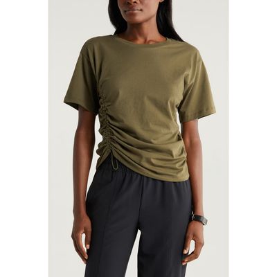 Zella Adjustable Ruched Pima Cotton T-Shirt in Olive Night 