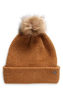 zella Cozy Heather Beanie with Faux Fur Pompom in Brown Fawn