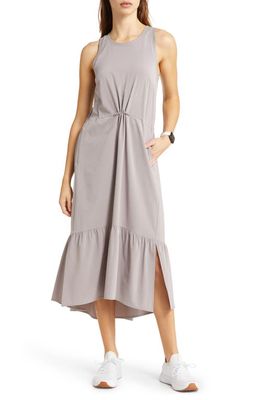 zella Drawcord Waist Tiered Midi Dress in Grey Zinc
