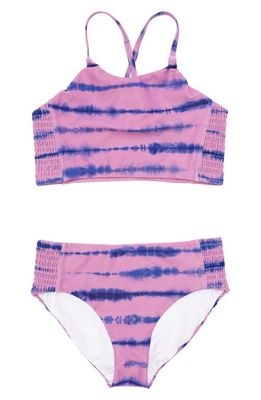 zella Kids' Smocked Two-Piece Swimsuit in Purple Lily Shibori Stripe