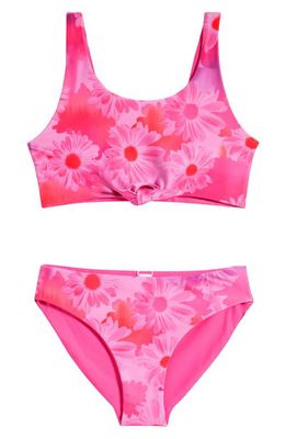 zella Kids' Tie Front Reversible Two-Piece Swimsuit in Pink Flash Hazy Daisies