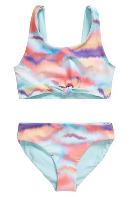 zella Kids' Tie Front Reversible Two-Piece Swimsuit in Teal Retreat Blurred Wave