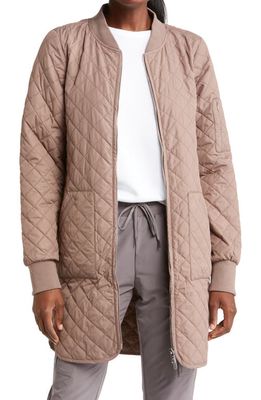 zella Longline Water Resistant Quilted Bomber Jacket in Tan Portabella