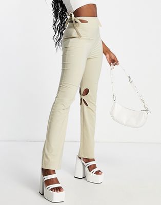 Zemeta high rise cut out flared pants in cream with tie waist-Neutral