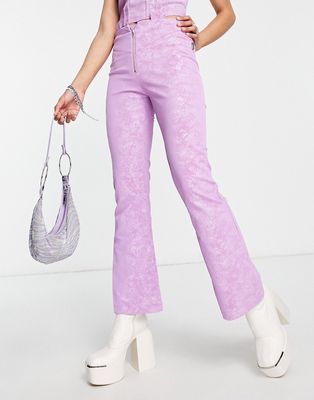 Zemeta high waisted zip front flare pants in purple suedette croc - part of a set