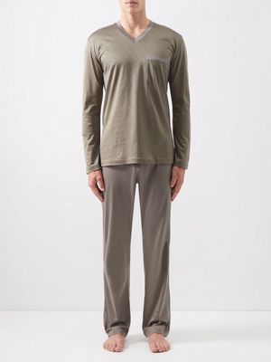Zimmerli - V-neck Geometric-jacquard Cotton Pyjamas - Mens - Taupe