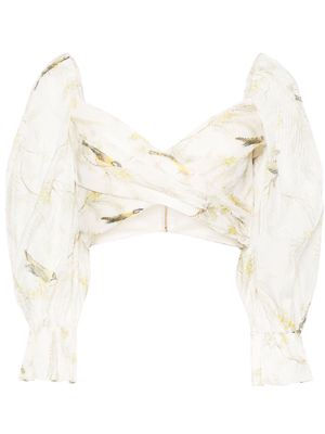 ZIMMERMANN Acacia Birds-print cropped blouse - Neutrals