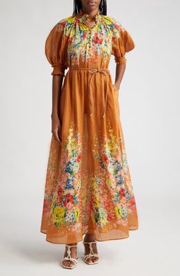 Zimmermann Alight Placed Floral Print Ramie Maxi Dress in Tan Floral