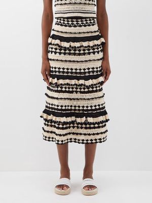 Zimmermann - Anneke Striped Crochet-cotton Midi Skirt - Womens - Black Cream