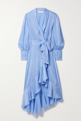 Zimmermann - Asymmetric Ruffled Silk-satin Midi Wrap Dress - Blue