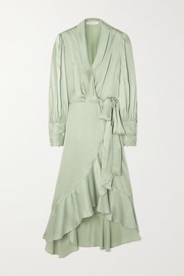 Zimmermann - Asymmetric Ruffled Silk-satin Midi Wrap Dress - Green