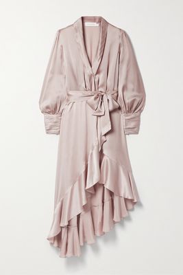 Zimmermann - Asymmetric Ruffled Silk-satin Midi Wrap Dress - Pink