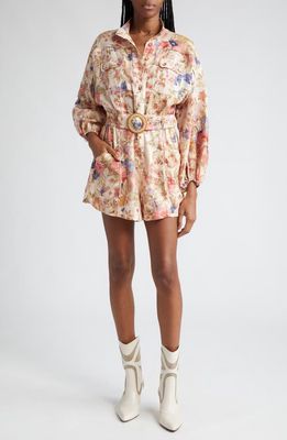 Zimmermann August Floral Print Belted Long Sleeve Linen Romper in Cream Floral