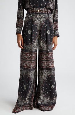 Zimmermann Bandana Print Pleated Wide Leg Pants in Black Bandana