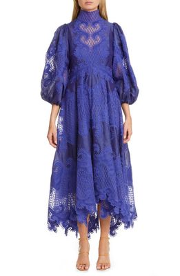 Zimmermann Brightside Embroidered Asymmetrical Midi Dress in Blue