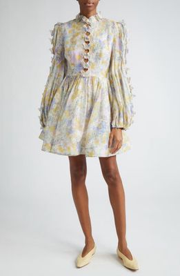 Zimmermann Butterfly Embellished Long Sleeve Linen & Silk Minidress in Blue Meadow