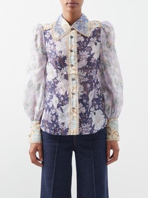 Zimmermann - Celestial Spliced Floral-print Linen-blend Blouse - Womens - Navy Multi