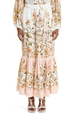 Zimmermann Chintz Floral Tiered Linen Skirt in Pink Daisy Floral