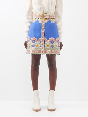Zimmermann - Cosmic Sagittarius Cotton-blend Twill Mini Skirt - Womens - Blue Multi