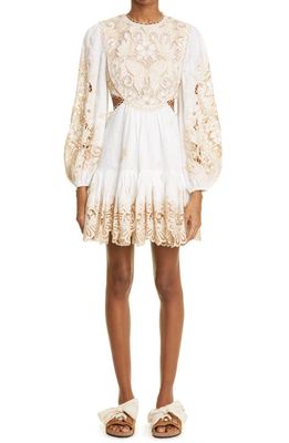 Zimmermann Embroidered Lace Cutout Detail Long Sleeve Linen Minidress in Ivory