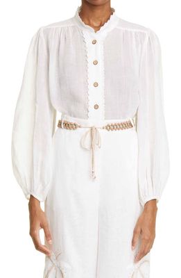 Zimmermann Embroidered Scallop Detail Ramie Blouse in Ivory