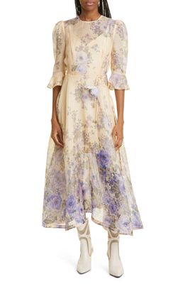 Zimmermann Floral Flare Sleeve Silk Dress in Blue Floral Print