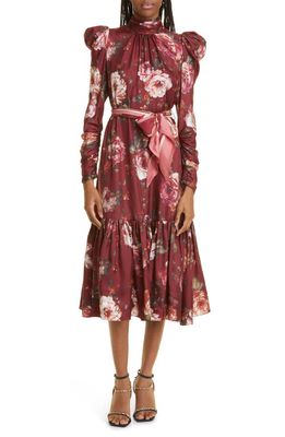 Zimmermann Floral Long Sleeve Silk Dress in Burgundy Floral Print
