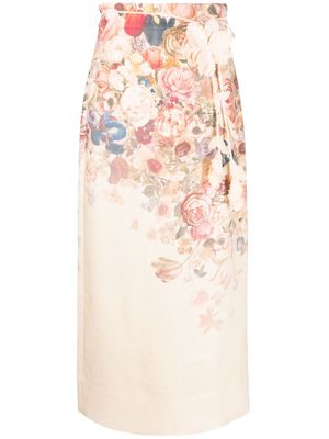 ZIMMERMANN floral-print linen midi skirt - Pink
