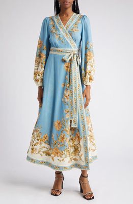 Zimmermann Floral Print Long Sleeve Cotton Chintz Wrap Dress in Blue Daisy Floral