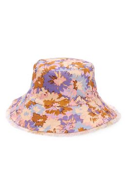 Zimmermann Frayed Linen Bucket Hat in Purple Multi Floral