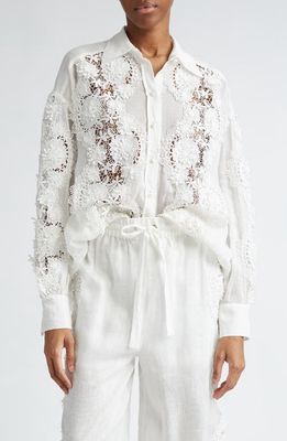 Zimmermann Halliday Floral Lace Semisheer Ramie Button-Up Shirt in Ivory