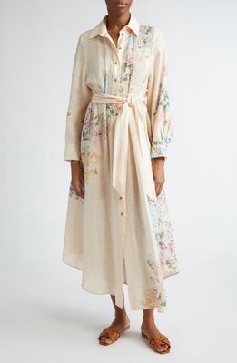 Zimmermann Halliday Floral Long Sleeve Linen Shirtdress in Cream Watercolour Floral