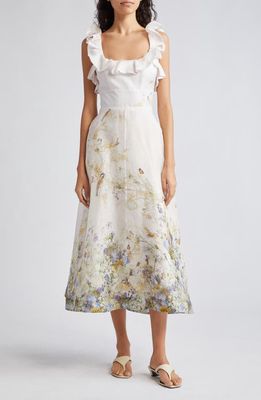 Zimmermann Harmony Butterfly Floral Linen & Silk Midi Dress in Citrus Butterflies