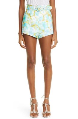Zimmermann High Tide Belted Ikat Print Linen & Silk Shorts in Aqua Ikat Floral