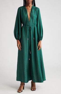Zimmermann Junie Billow Silk Maxi Dress in Bottle Green
