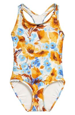 Zimmermann Kids' Halcyon Floral Racerback One-Piece Swimsuit in Orange/Blue Floral