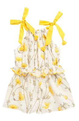 Zimmermann Kids' Jeannie Floral Bow Tie Cotton Romper in Yellow Poppy