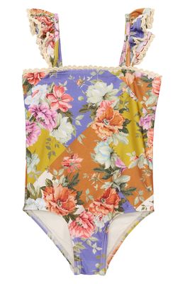 Zimmermann Kids' Pattie Ruffle Strap One-Piece Swimsuit in Patch Floral
